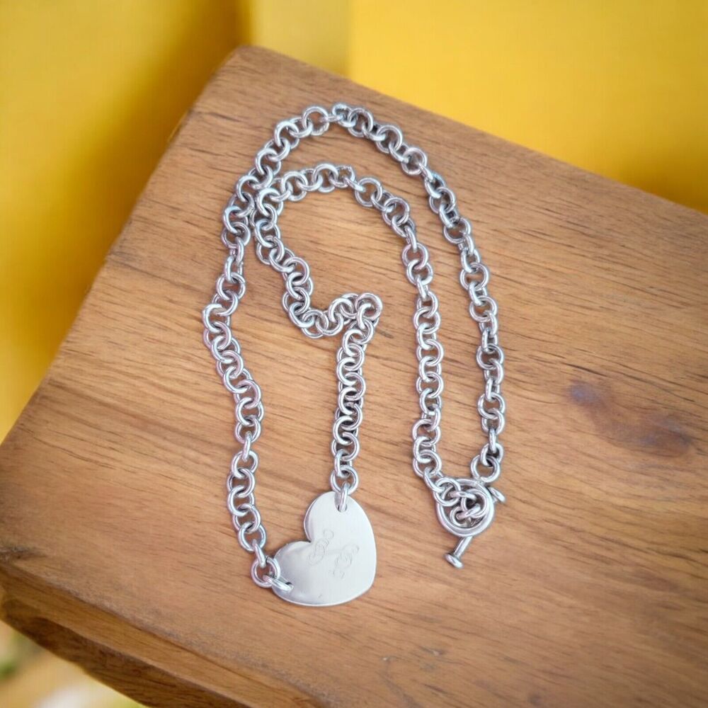 Sterling Silver Chain Necklace with Flat Heart Station Engraved S 16"